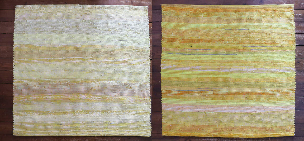 Terra Mama kangastelgedel kootud seinavaip-diptyhhon "Minu heldus ei pea sinust liikuma"