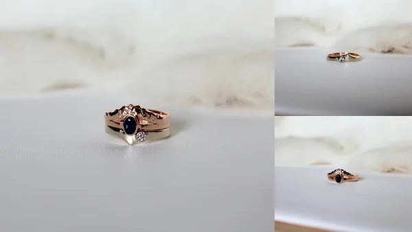 Kihlasõrmus safiiriga, punane kuld 585* ja abielusõrmus briljandiga, valge- ja punane kuld 585*.