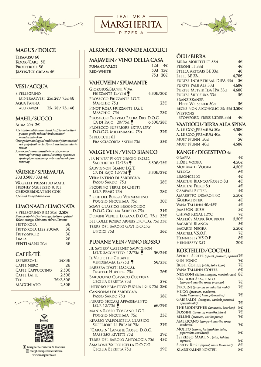 Ruokalista Margherita Pizzeria & Trattoria