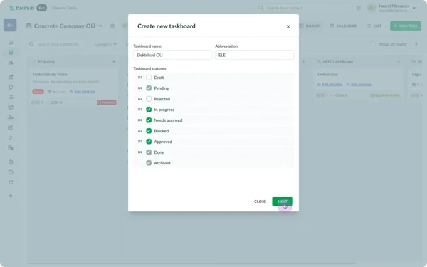 Create taskboard choose statuses