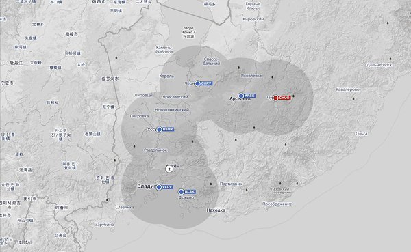 GNSS reference stations connected to HIVE in Primorsky Krai with 50km working radius. A screenshot of HIVE web interface.