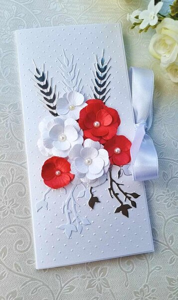 Rahakaart pulma valged ja punased lilled, peegelhõbedased detailid