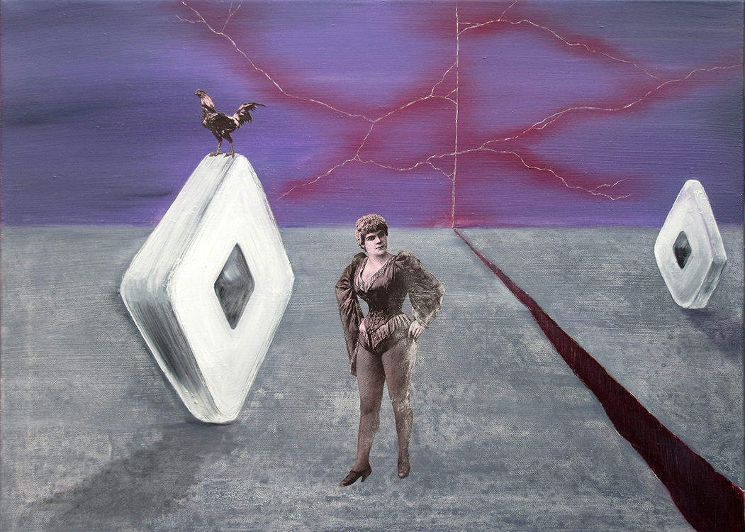 Flatworld:  travelling to the dawn of time  (oil & collage on canvas)   80x60cm  £550