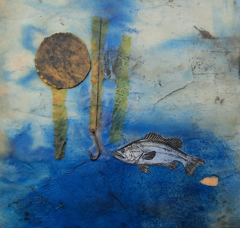 hit the bottom and escape  (collage on hardboard)  14.5x15.5cm  £75