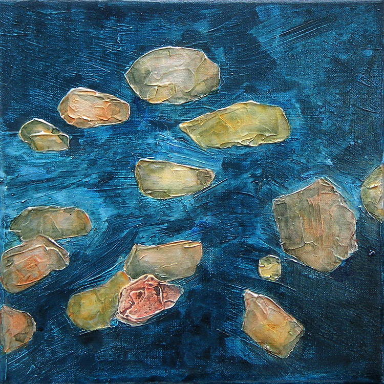 tales from the riverbed II/cold   (mixed media on canvas, 20x20cm)   £175 or £390 for set of three