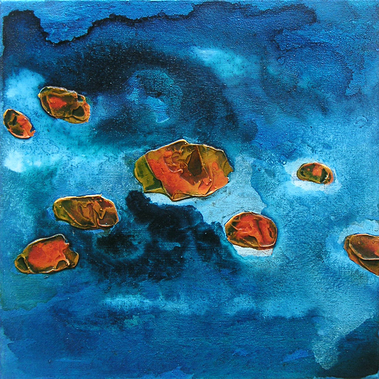 tales from the riverbed III/cold  (mixed media on canvas, 20x20cm)   £175 or £390 for set of three