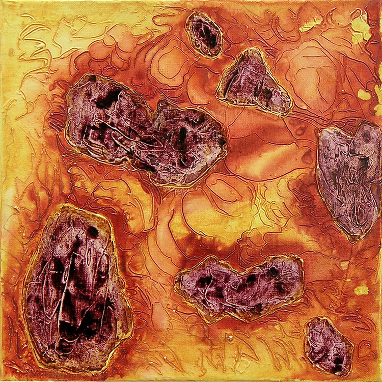 tales from the riverbed IV/hot  (mixed media on canvas, 20x20cm)   £175 or £390 for set of three