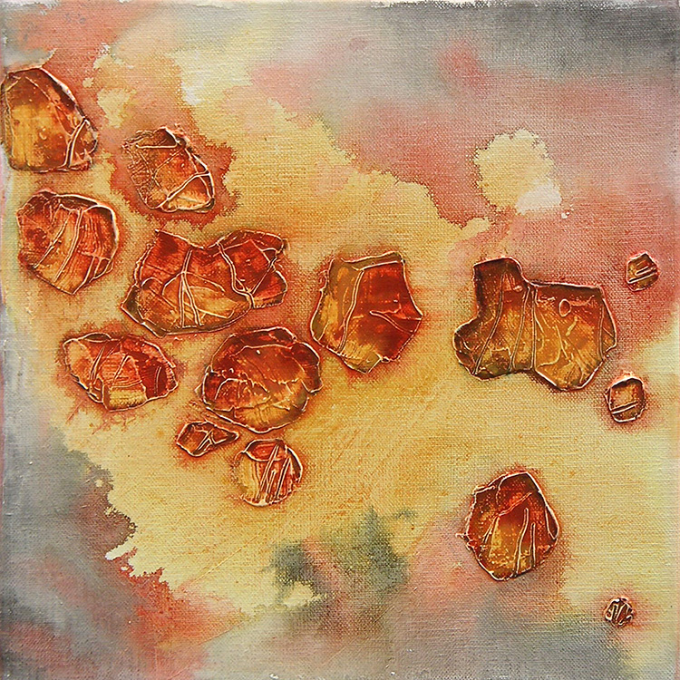 tales from the riverbed VI/hot  (mixed media on canvas, 20x20cm)   £175 or £390 for set of three