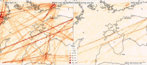 Flights over the Northern Baltics in one day pre-COVID and during the COVID pandemic aggregated into a hex grid.