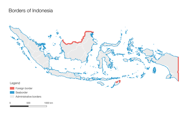 Day 14 (Topic: boundaries): Borders of Indonesia. Indonesia has over 3000 km of land border and over 17 000 islands, making protecting the borders from unregistered entry very difficult, which is why they promote free movement within ASEAN