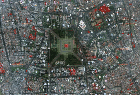 Day 17 (Topic: zones):   Zoning in Jakarta city center. The National Monument of Indonesia provides the gravitational center for government buildings around it (in light green). Now, Indonesia plans to move its government to a different island altogether.