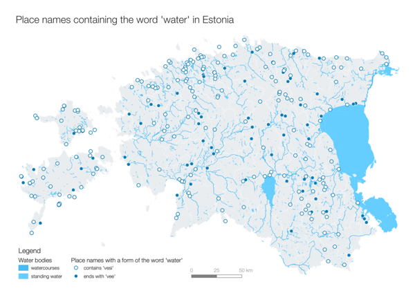 Day 26 (Topic: hydrology): A map of Estonian water bodies and place names with the word 'water' in them. The three most common place names are Vesiroosi - 48 (water lily), Vesiveski - 42 (watermill) and Vee - 23 (water's).