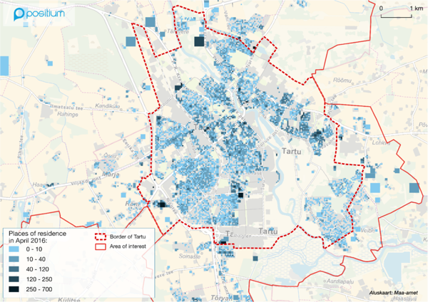 Places of residence in Tartu in April 2016. Interpolating mobile positioning data to adaptive grid allows to achieve higher precision than the cell tower level.