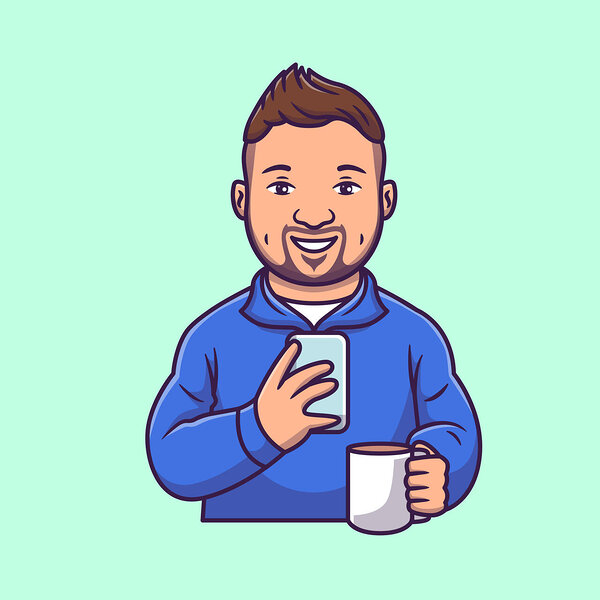 Cute Man Playing Phone And Drink Coffee Cartoon Vector Icon Illustration People Technology Isolated by @catalyststuff