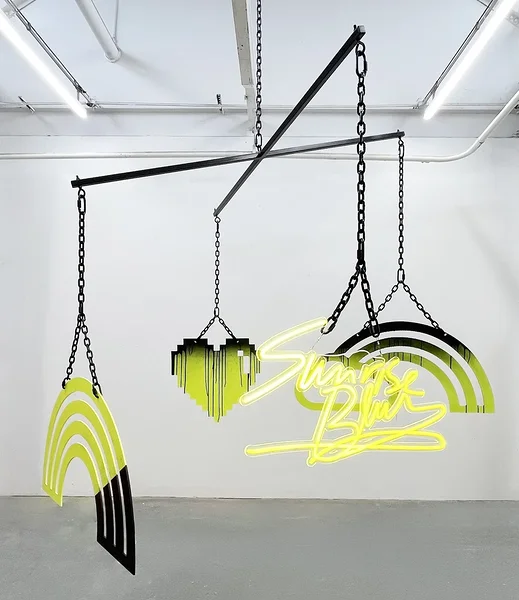 Sunrise Blur (Altered States), 2026, steel, aluminum, alkyd, acrylic, powder coated steel chain, LED, hardware, 96 x 96 x 84 inches