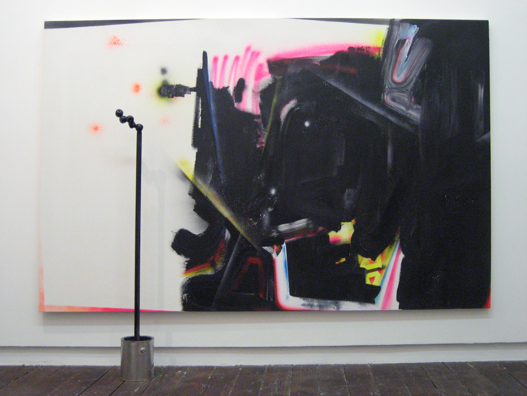 No-glo, 2007, acrylic and spray paint on canvas, steel, cement, aluminum bucket, plastic fruit, 60 x 96 x 15 inches 