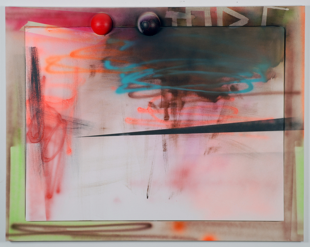 Apte, 2009, acrylic on canvas, acrylic on canvas over wood artist&#x27;s frame, foam ball, 43 1/2 x 55 1/2 x 4 inches