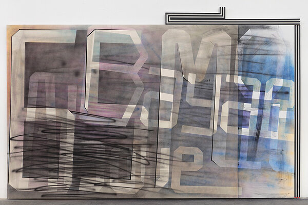 65 Mott, 2011, acrylic on two canvases, wood and enamel artist&#x27;s frame, 79 1/2 x 121 inches