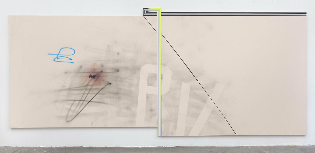 Fin de Pix, 2011, acrylic on two canvases, wood and enamel artist&#x27;s frame, 80 x 195 inches