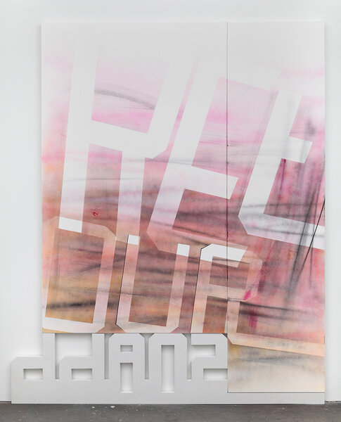 Retour, 2011, acrylic on two canvases, PVC, 96 x 70 inches