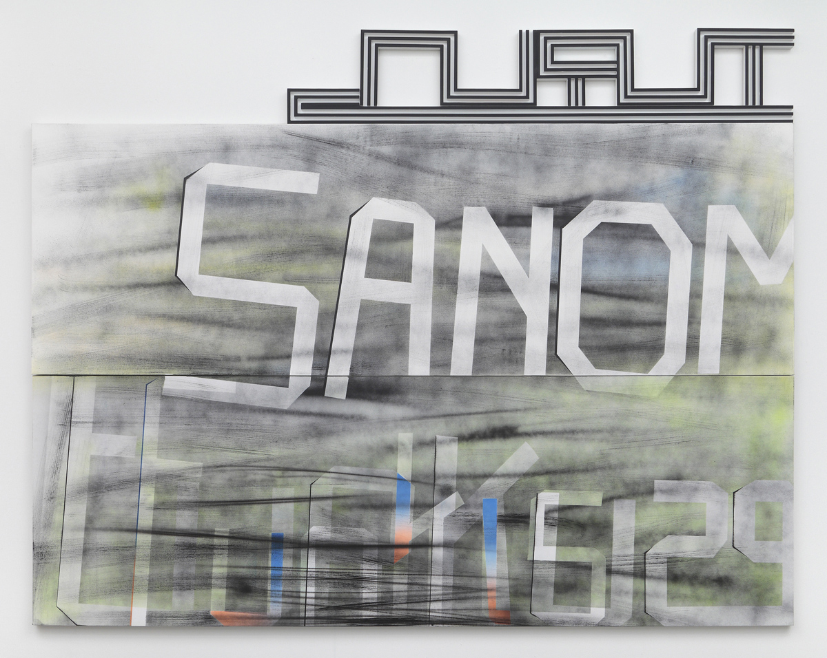 Turun Sanomat, 2011, acrylic on two canvases, wood and enamel artist&#x27;s frame, 84 1/2 x 108 inches