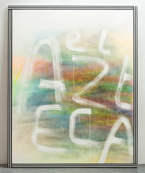 El Azteca, 2013, acrylic on canvas, wood and enamel artist&#x27;s frame, 98 1/2 x 78 inches