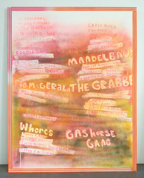 Gangs & Whores, 2013, acrylic on canvas, wood and enamel artist&#x27;s frame, 101 x 77 inches