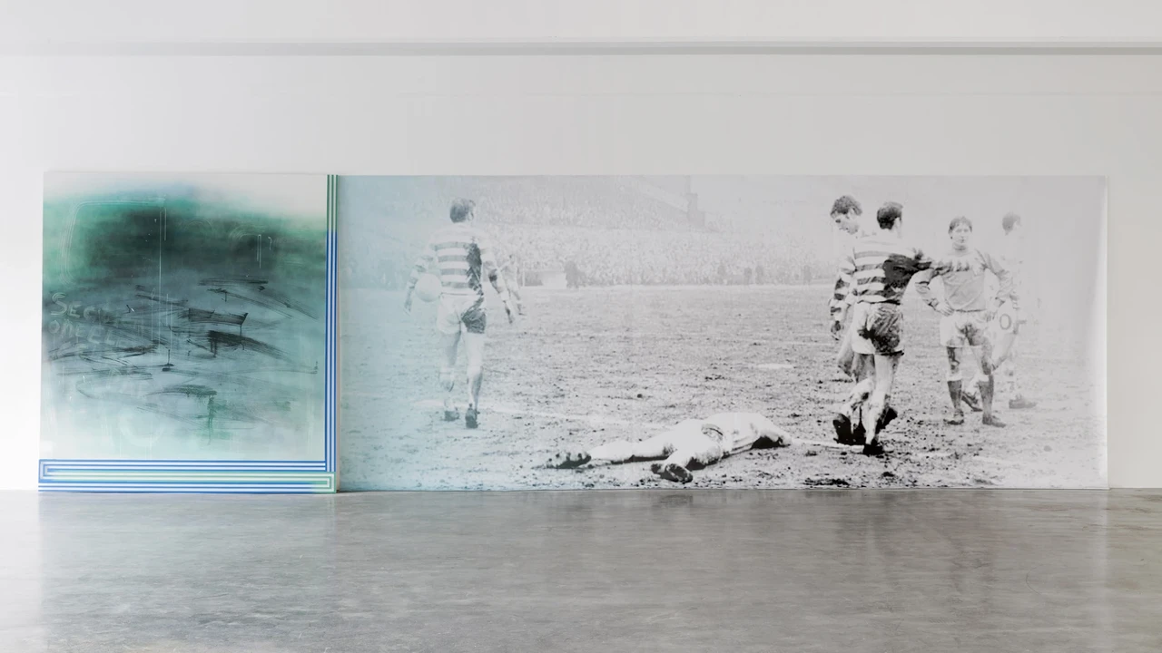 Green Brigade, 2013, acrylic on canvas, wood and enamel artist’s frame, inkjet print on vinyl, 75 x 256 inches