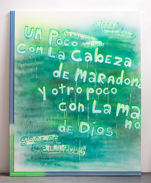 La Cabeza de Maradona, 2013, acrylic on canvas, wood and enamel artist&#x27;s frame, 98 1/2 x 74 inches