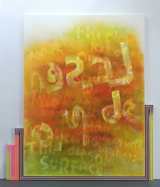 Le Sens des Mots, 2013, acrylic on canvas, wood and enamel artist&#x27;s frame, 98 1/2 x 89 inches