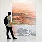 Installation view, Boise State II, 2014, acrylic and inkjet on canvas, plexiglas, MDF, 107 x 72 inches