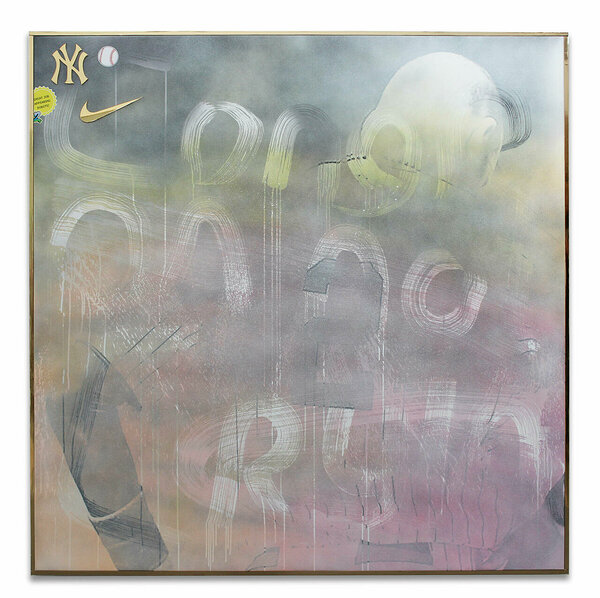 Jeter Retires, 2014, acrylic and inkjet on vinyl, wood and mylar artist&#x27;s frame, plexiglas appliqué, decals, 61 x 61 inches