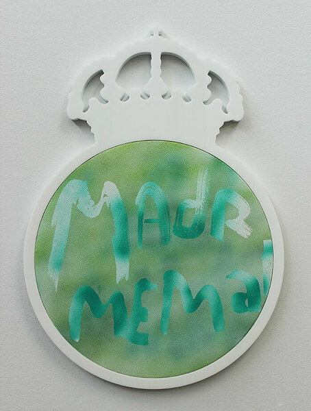 Madrid me Mata, 2014, acrylic on canvas, plexiglas and PVC artist&#x27;s frame, 18 1/4 x 13 inches