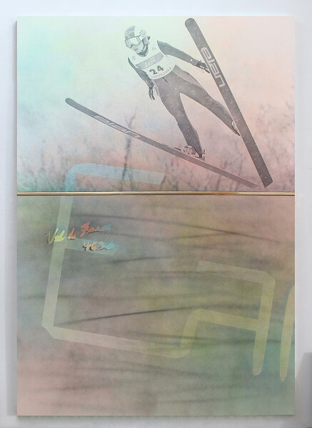 Elan (Sarah Takanashi), 2015, acrylic and inkjet on two canvases, plexiglas, PVC, 98 3/4 x 68 inches