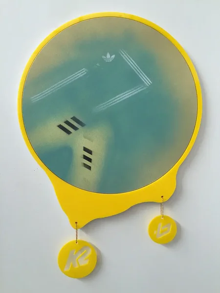 K2/Bollé, 2015, acrylic on canvas, plexiglas and PVC artist&#x27;s frame, ball chain, 31 x 21 x 1 inches