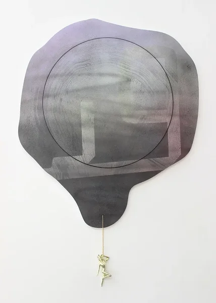 Linda,  2015, Acrylic on canvas, acrylic on PVC artist&#x27;s frame, ball chain, trophy top 40.5 x 27.25 inches