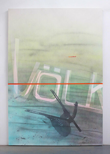 Völkl II, 2015, acrylic and inkjet on two canvases, wood, enamel, 98 3/4 x 68 inches