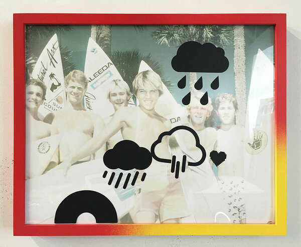 Kelly Slater with Rain Clouds, 2016, inkjet print, cut vinyl, artist&#x27;s frame, 17 1/2 x 21 1/4 inches