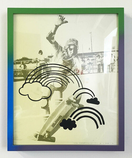 Laura Thornhill with Rainbows, 2016, inkjet print, cut vinyl, artist&#x27;s frame, 21 1/4 x 17 1/2 inches