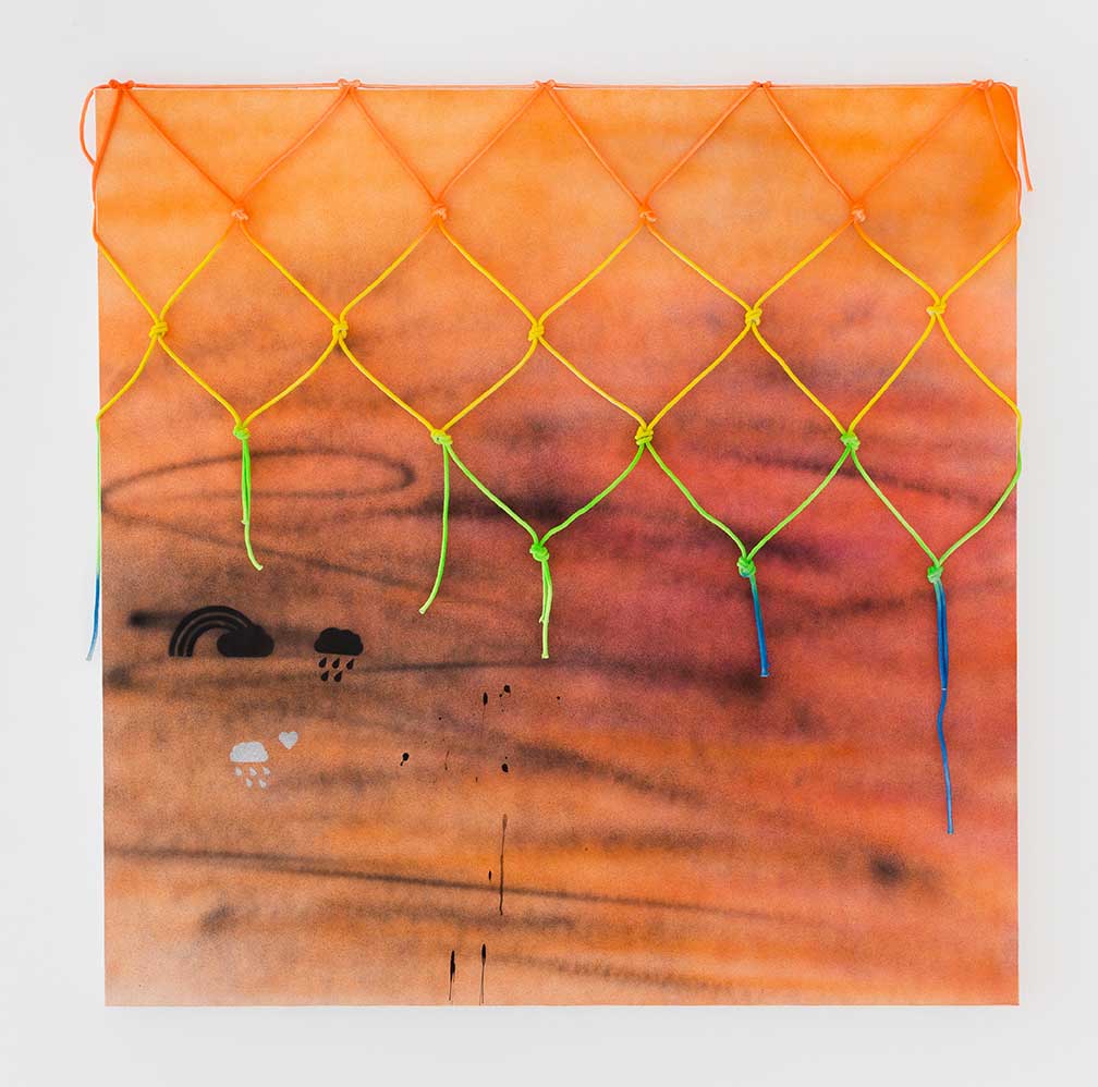 Raincloud (Orange), 2016, acrylic on canvas, painted cotton rope, 60 x 60 inches