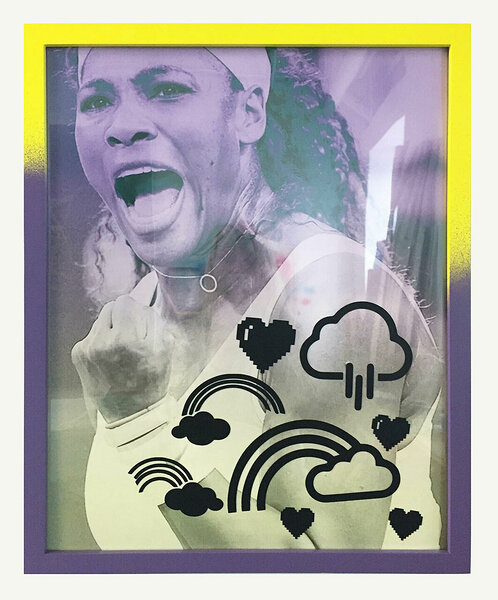 Serena with Hearts and Rainbows, 2016, inkjet print, cut vinyl, artist&#x27;s frame, 21 1/4 x 17 1/2 inches