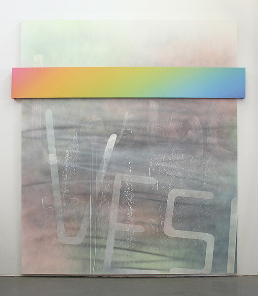 Vestal, 2016, acrylic on canvas, inkjet on UV vinyl, 102 1/2 x 92 x 3 inches