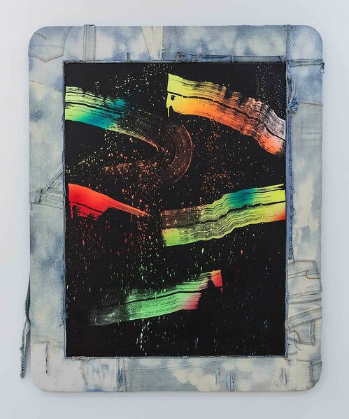 American Bleach Effect (Oil Slick 1), 2018, acrylic on canvas, upcycled denim and wood artist&#x27;s frame, 60 x 48 inches