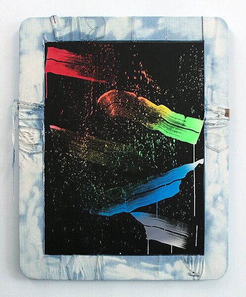 American Bleach Effect (Oil Slick 2), 2018, acrylic on canvas, upcycled denim and wood artist&#x27;s frame, 60 x 48 inches