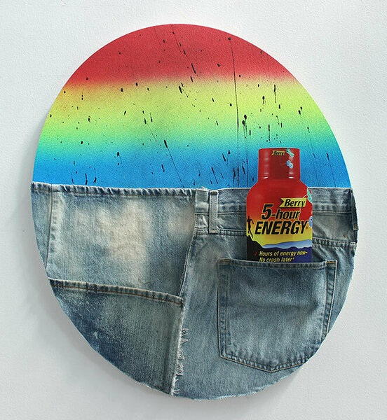 American Dirt Effect (5-hour Energy), 2017, upcycled denim and acrylic on canvas, 24 x 20 inches