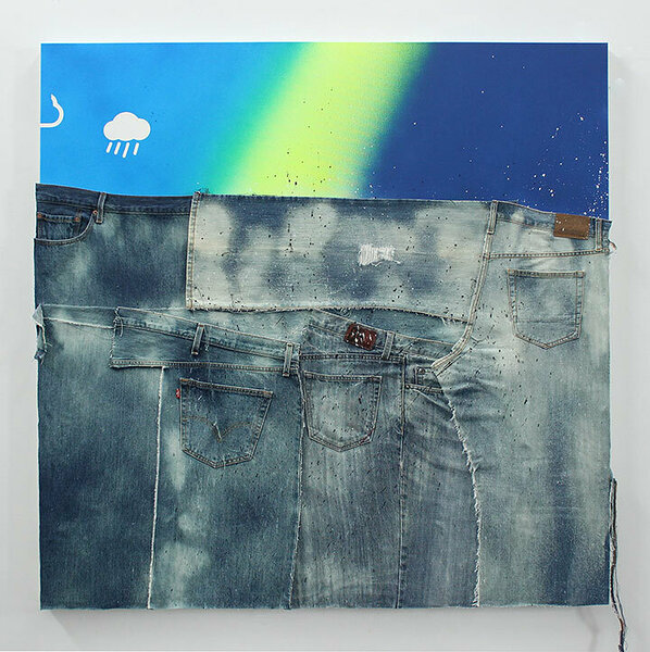 American Dirt Effect 4, 2017, upcycled denim and acrylic on canvas, 48 x 48 inches  