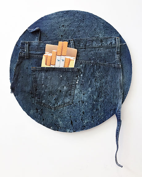 American Dirt Effect (Camel Tondo), 2017, upcycled denim and acrylic on canvas, inkjet print on plexiglas, 20 inches diameter