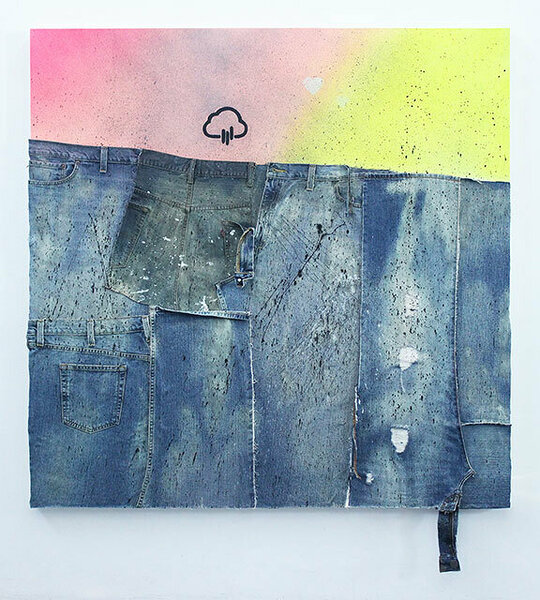 American Dirt Effect 1, 2017, upcycled denim and acrylic on canvas, 48 x 48 inches 