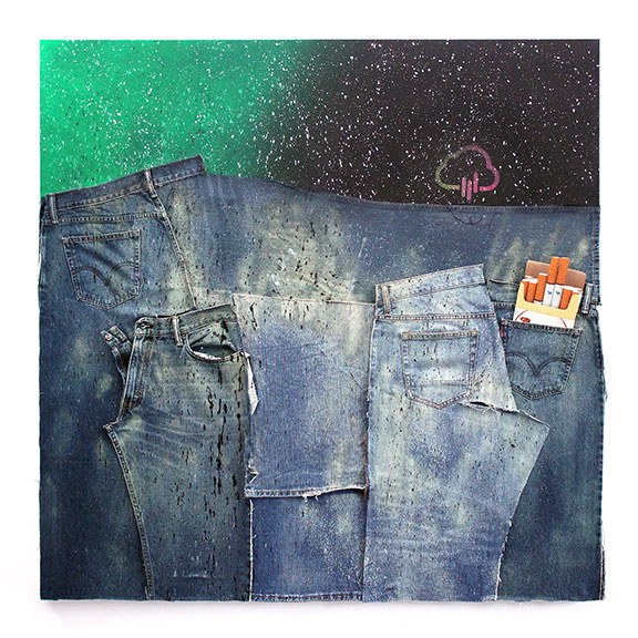 American Dirt Effect 2, 2017, upcycled denim and acrylic on canvas, 48 x 48 inches 