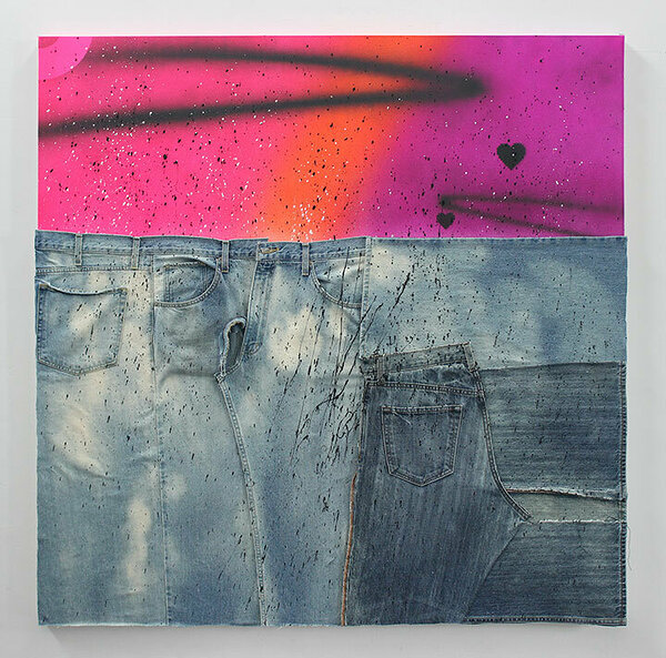 American Dirt Effect 3, 2017, upcycled denim and acrylic on canvas, 48 x 48 inches 